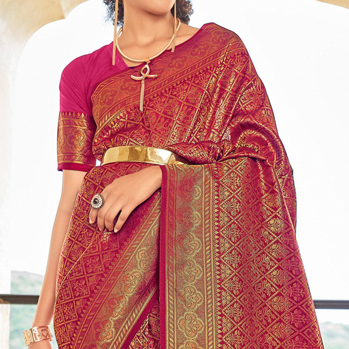 Pink Floral Woven Art Silk Saree - Peachmode
