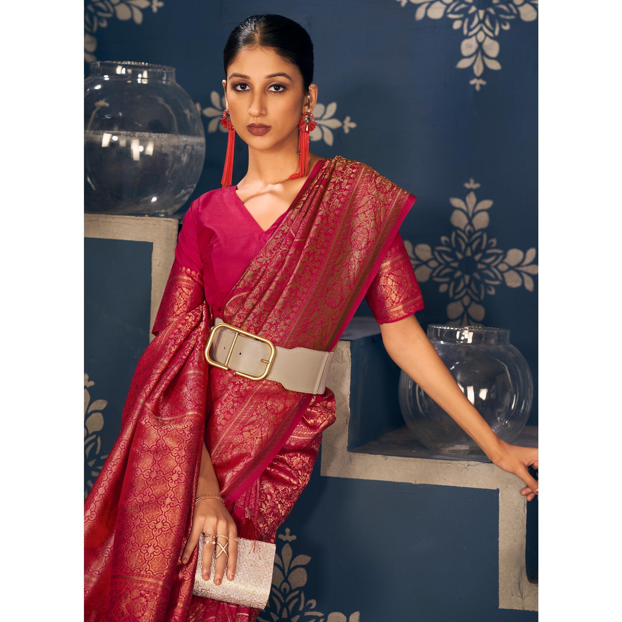 Pink Floral Woven Art Silk Saree - Peachmode