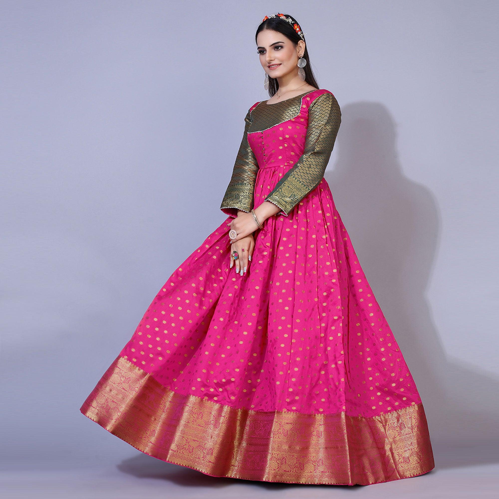 Pink Floral Woven Jacquard Anarkali Style Gown - Peachmode