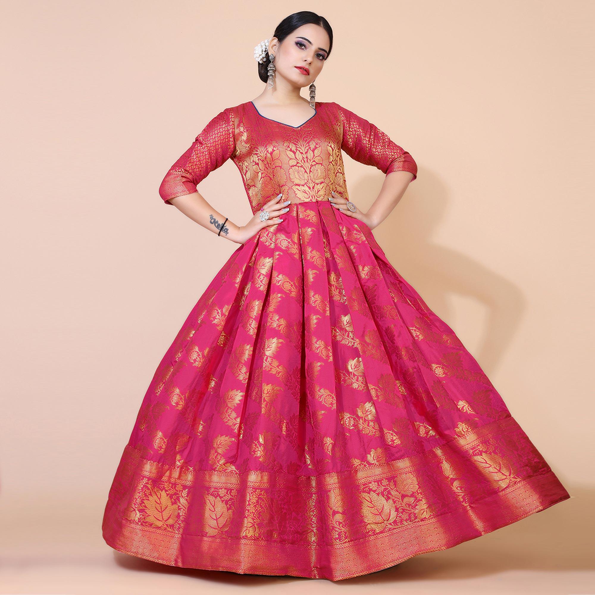 Pink Floral Woven Jacquard Anarkali Style Gown - Peachmode