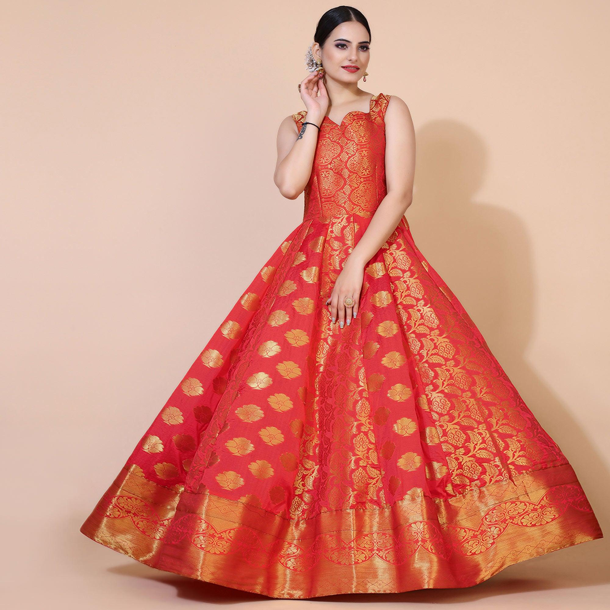 Pink Floral Woven Jacquard Anarkali Style Gown - Peachmode
