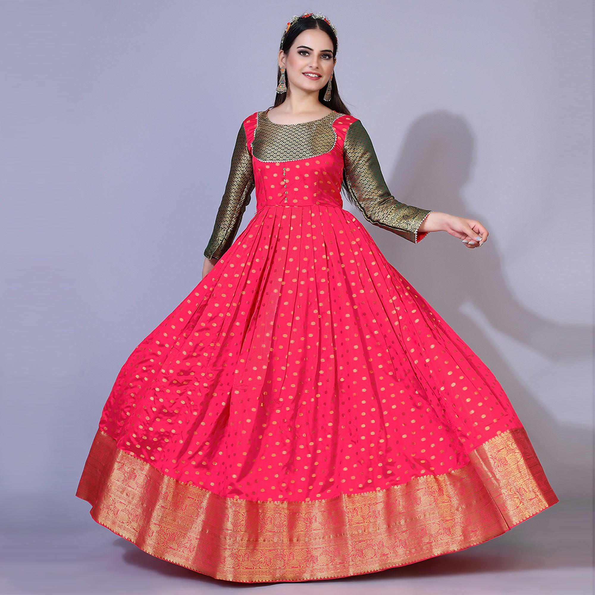 Pink Floral Woven Jacquard Anarkali Style Gown - Peachmode