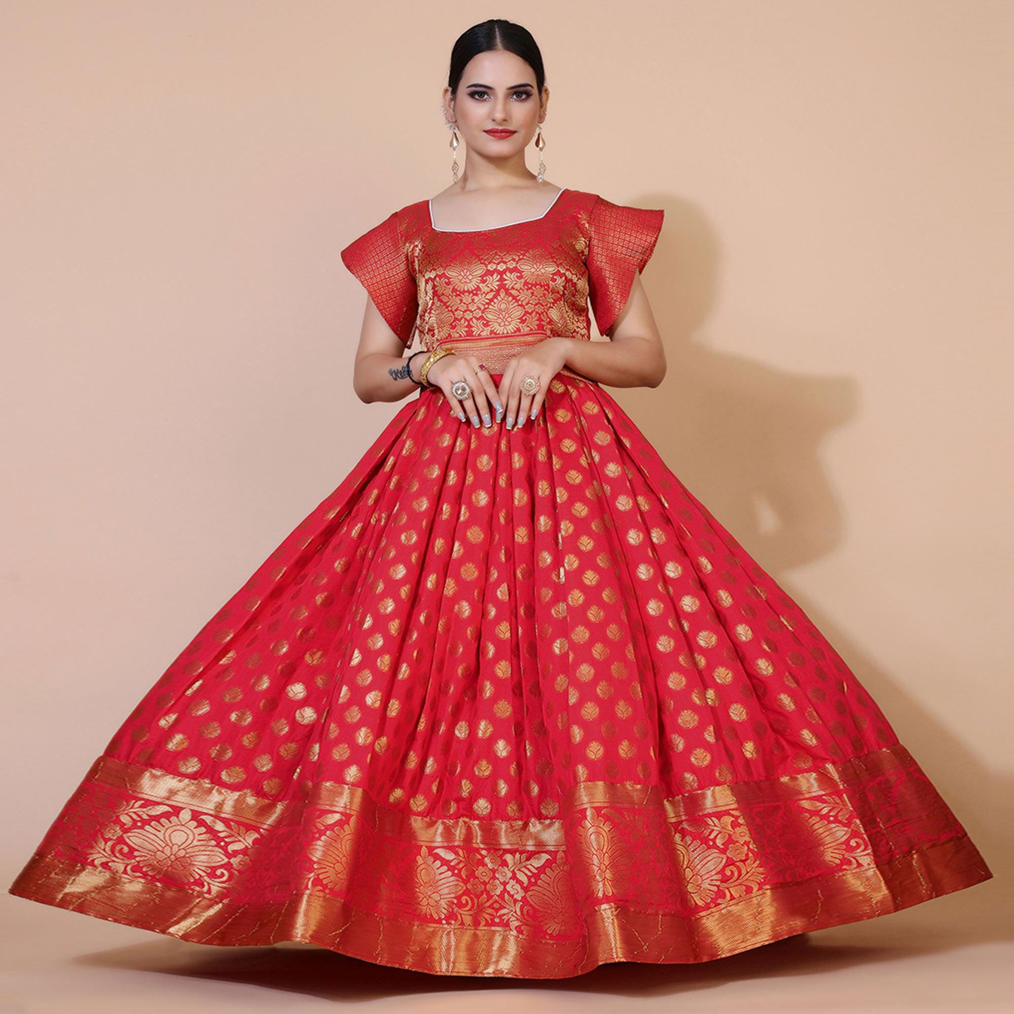 Pink Floral Woven Jacquard Anarkali Style Gown - Peachmode