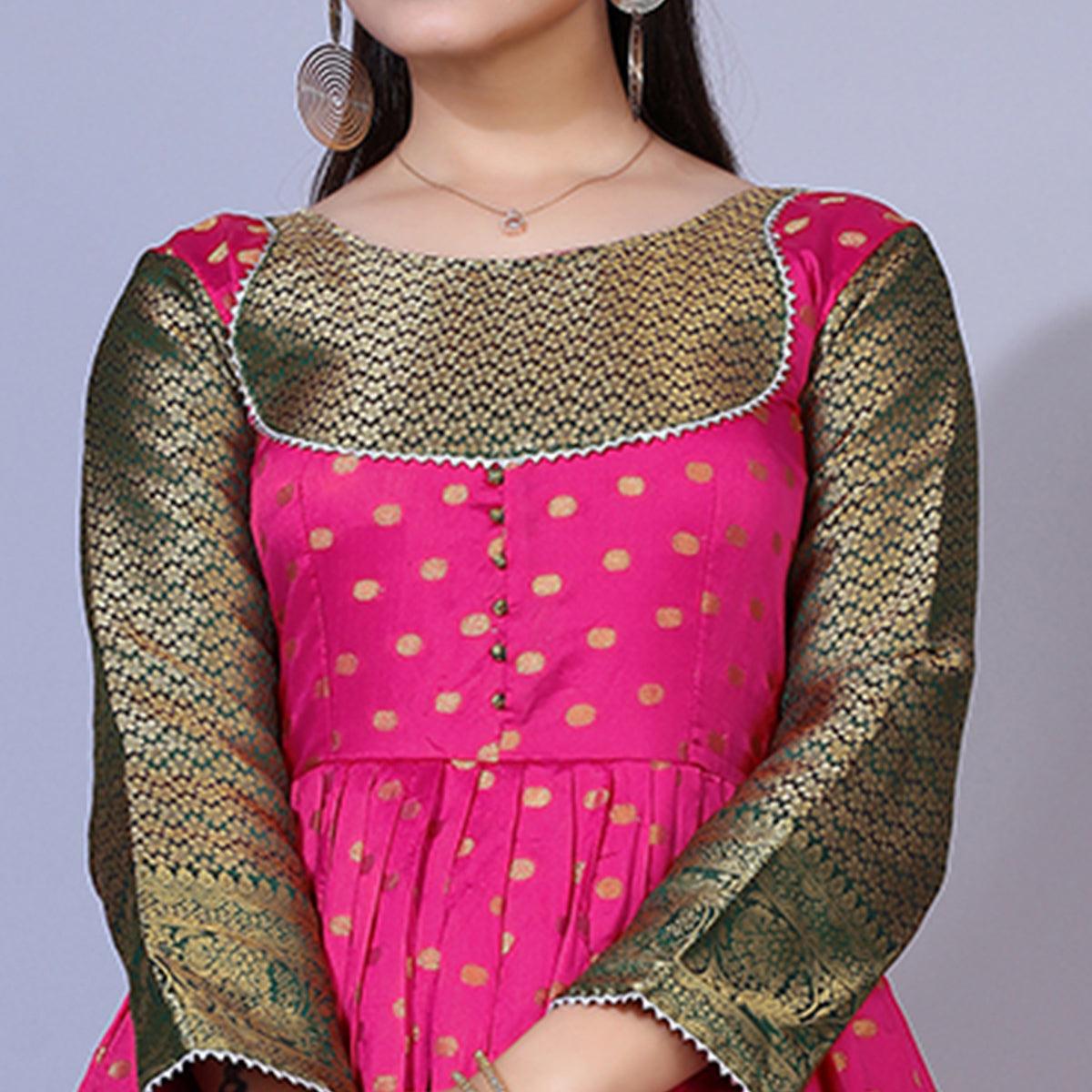 Pink Floral Woven Jacquard Anarkali Style Gown - Peachmode