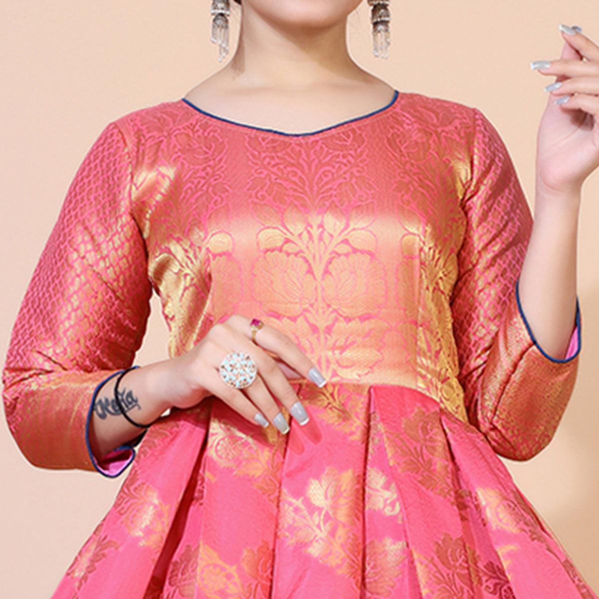Pink Floral Woven Jacquard Anarkali Style Gown - Peachmode