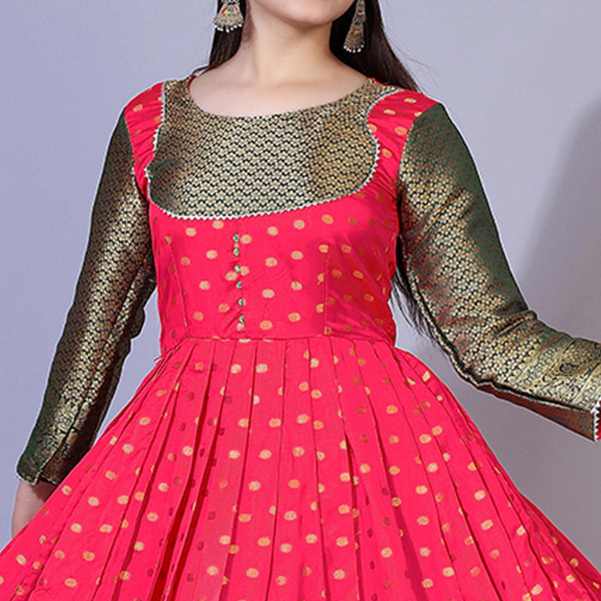 Pink Floral Woven Jacquard Anarkali Style Gown - Peachmode