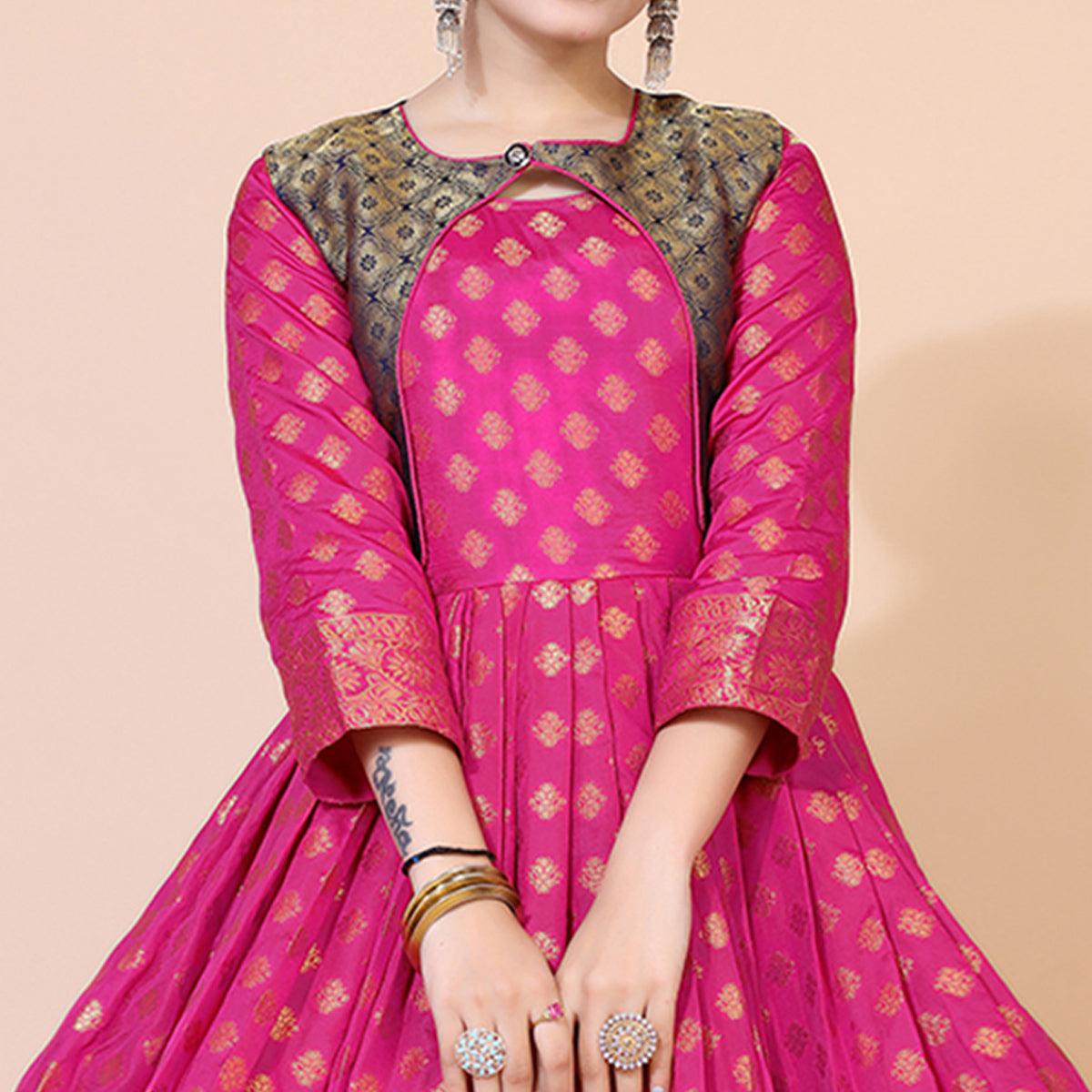 Pink Floral Woven Jacquard Anarkali Style Gown - Peachmode