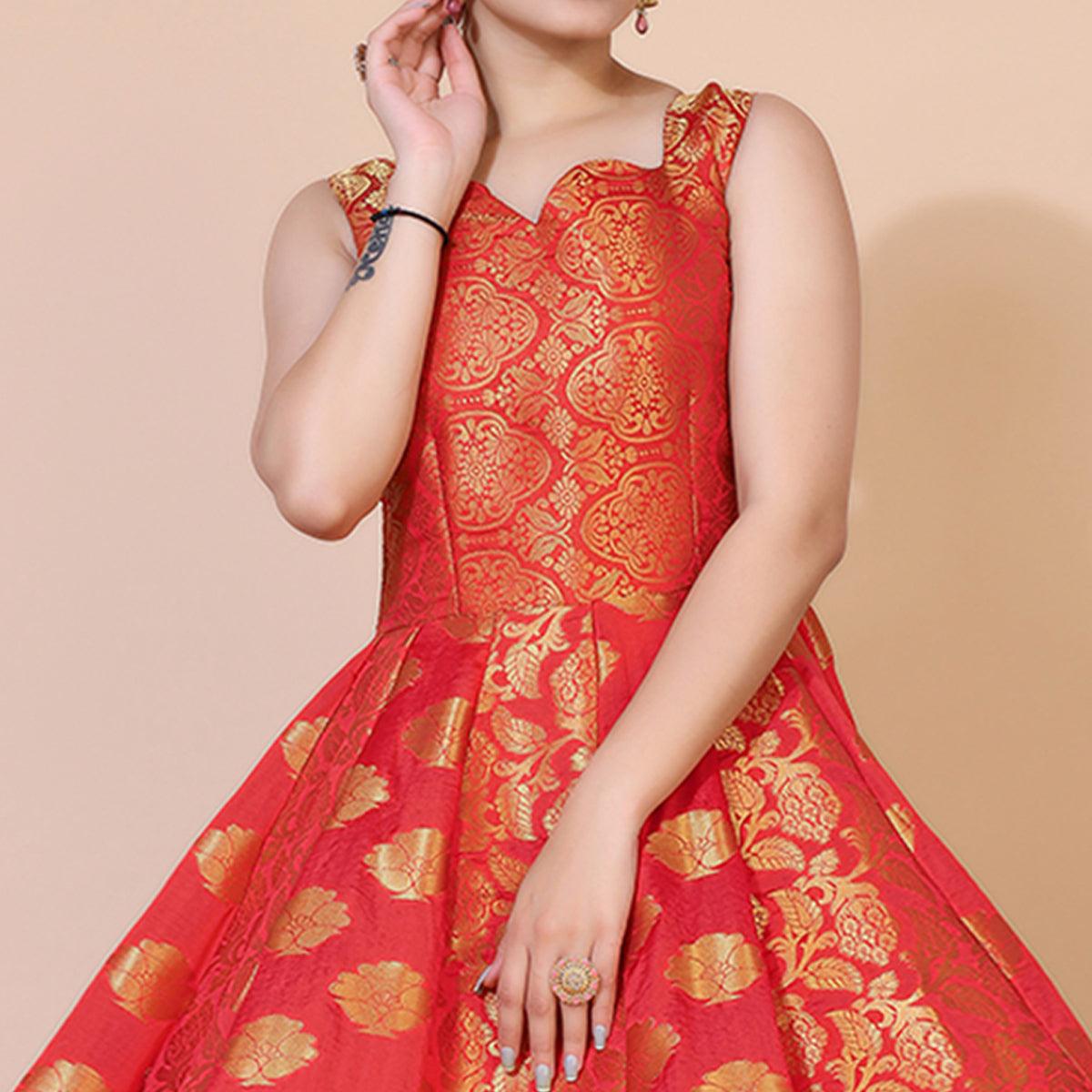 Pink Floral Woven Jacquard Anarkali Style Gown - Peachmode