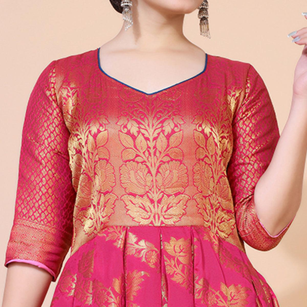 Pink Floral Woven Jacquard Anarkali Style Gown - Peachmode