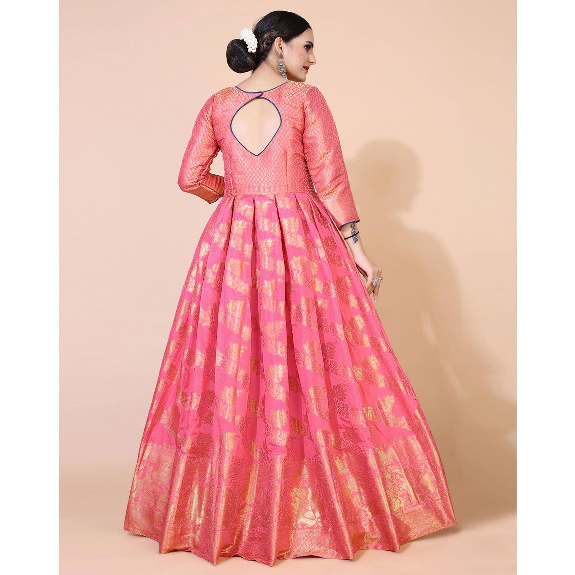 Pink Floral Woven Jacquard Anarkali Style Gown - Peachmode