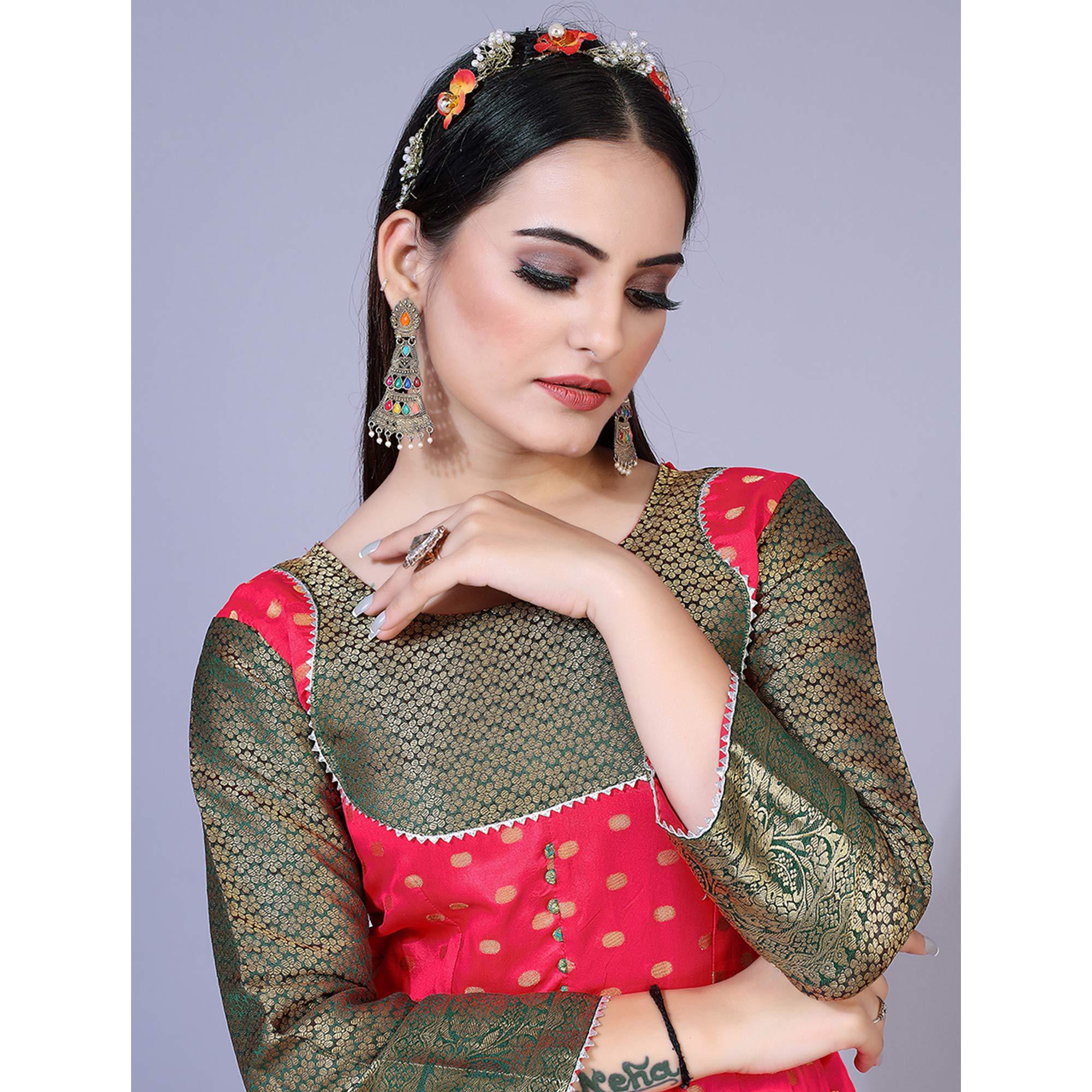 Pink Floral Woven Jacquard Anarkali Style Gown - Peachmode