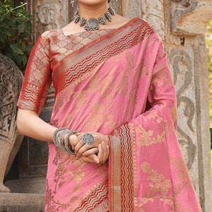 Pink Floral Woven Pure Silk Saree - Peachmode