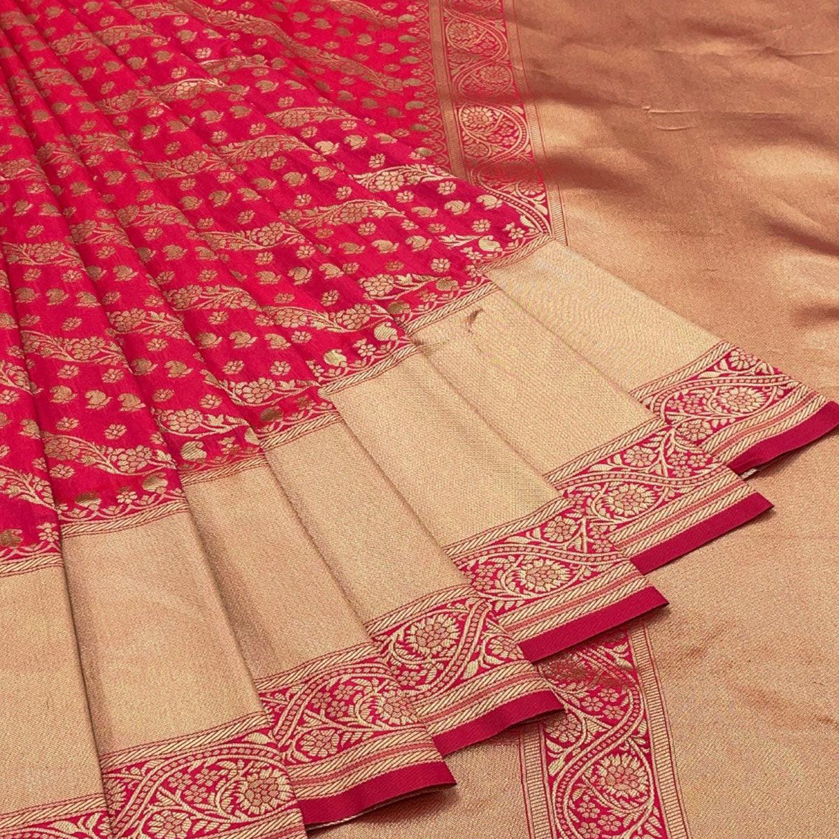 Pink Floral Zari Woven Art Silk Saree - Peachmode
