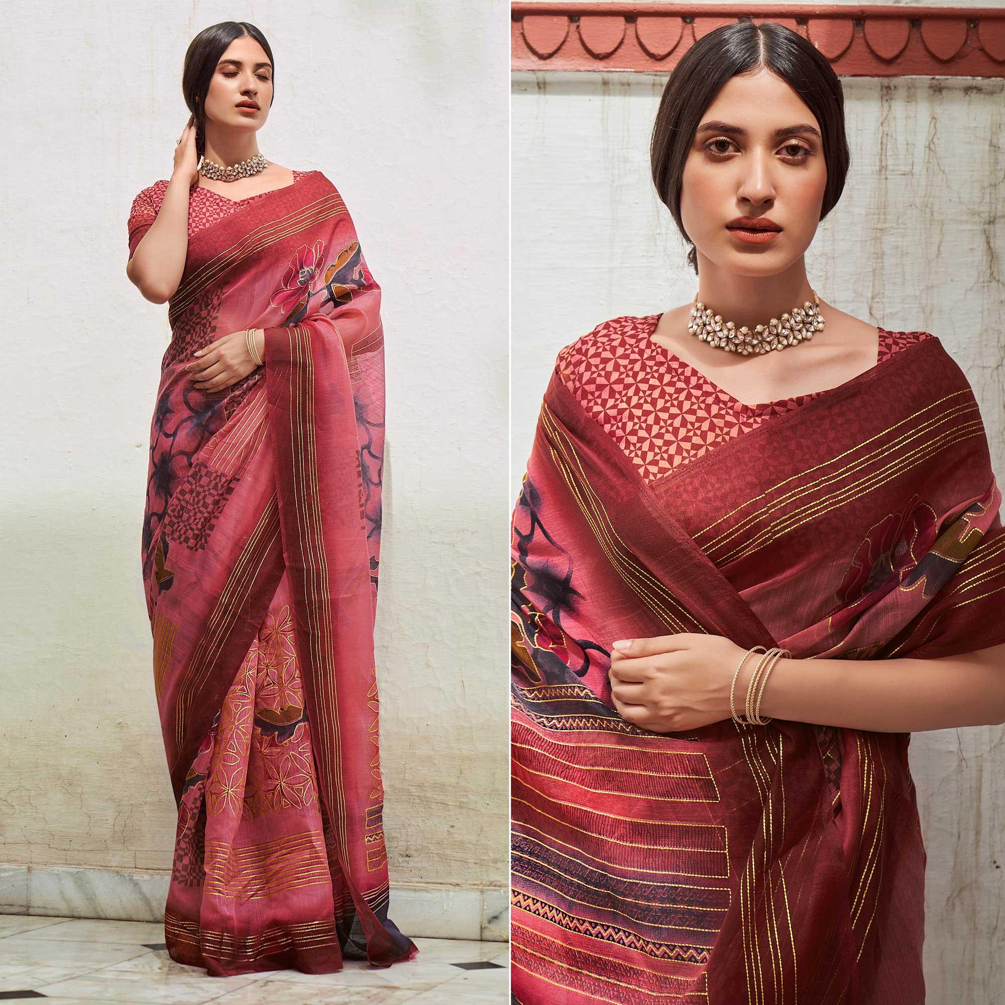 Pink Foil Digital Printed Poly Cotton Saree - Peachmode
