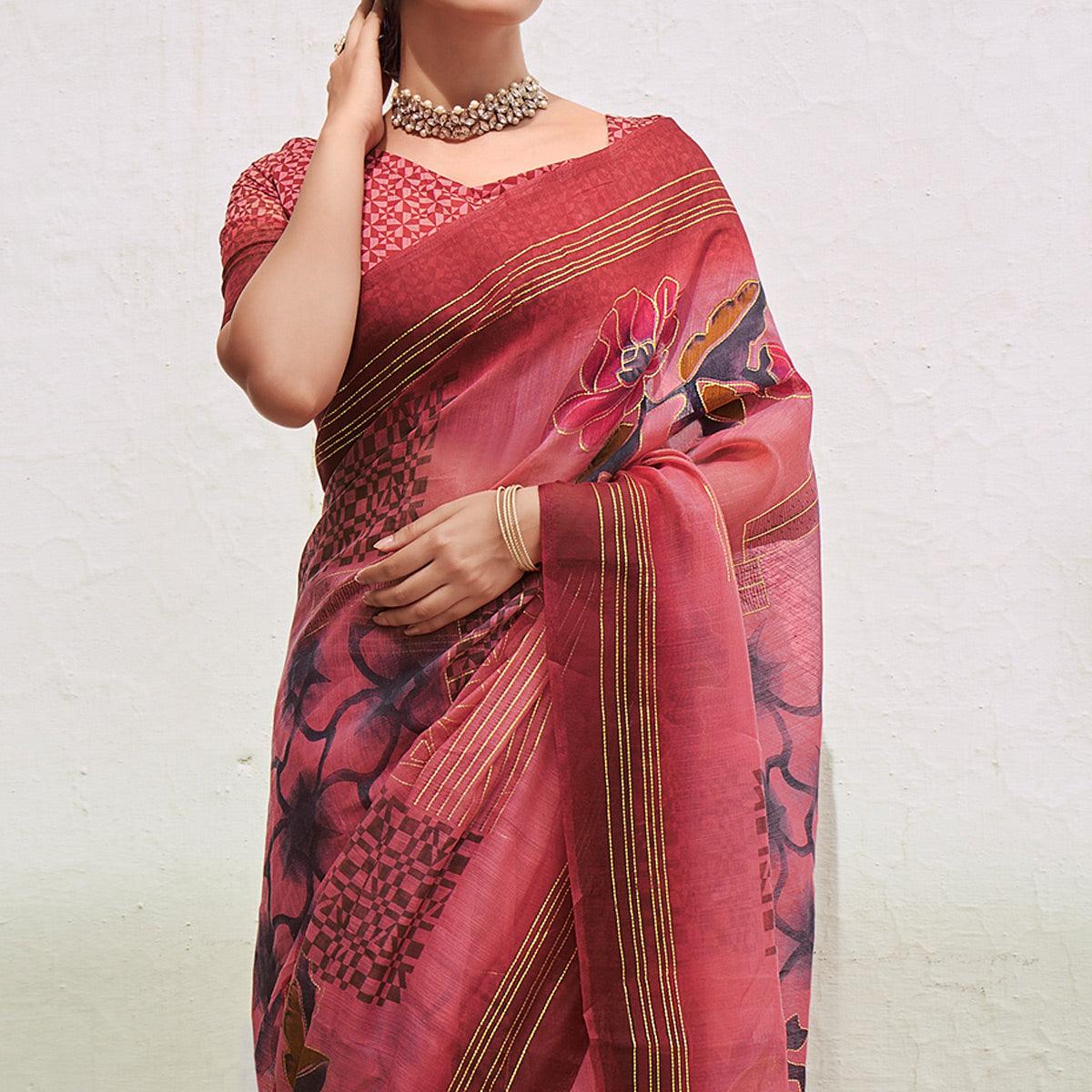 Pink Foil Digital Printed Poly Cotton Saree - Peachmode
