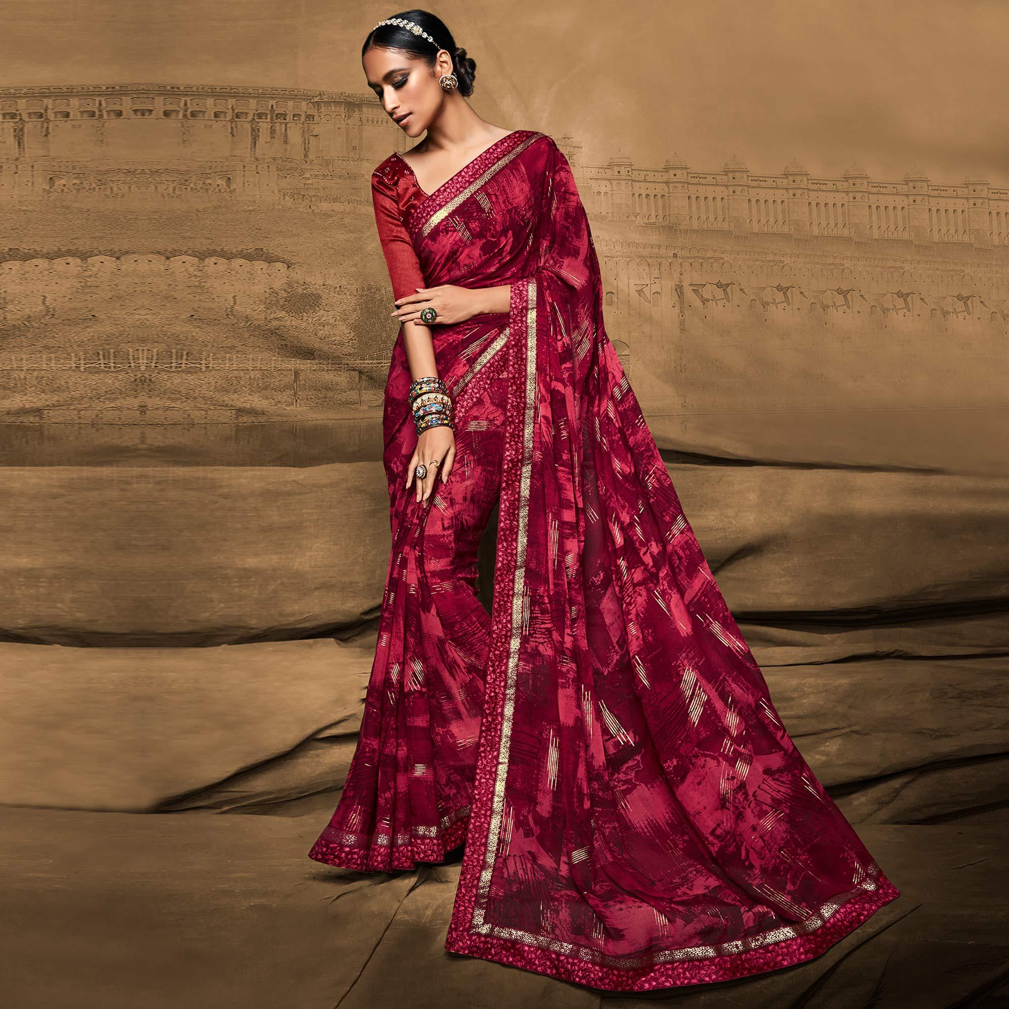Pink Foil Printed Georgette Saree - Peachmode