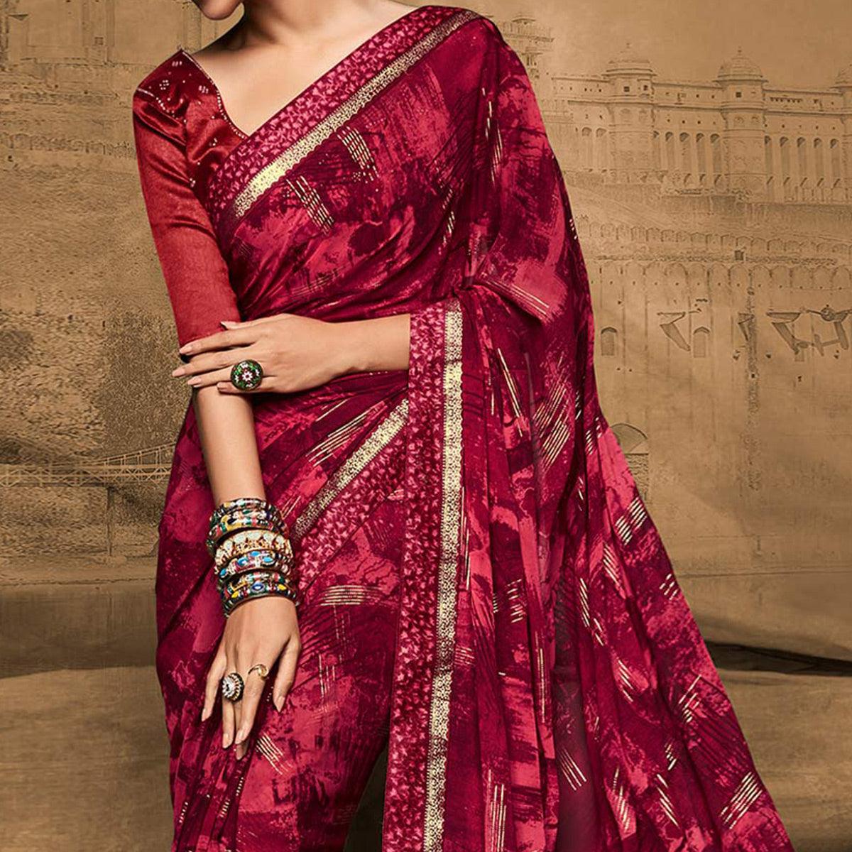 Pink Foil Printed Georgette Saree - Peachmode