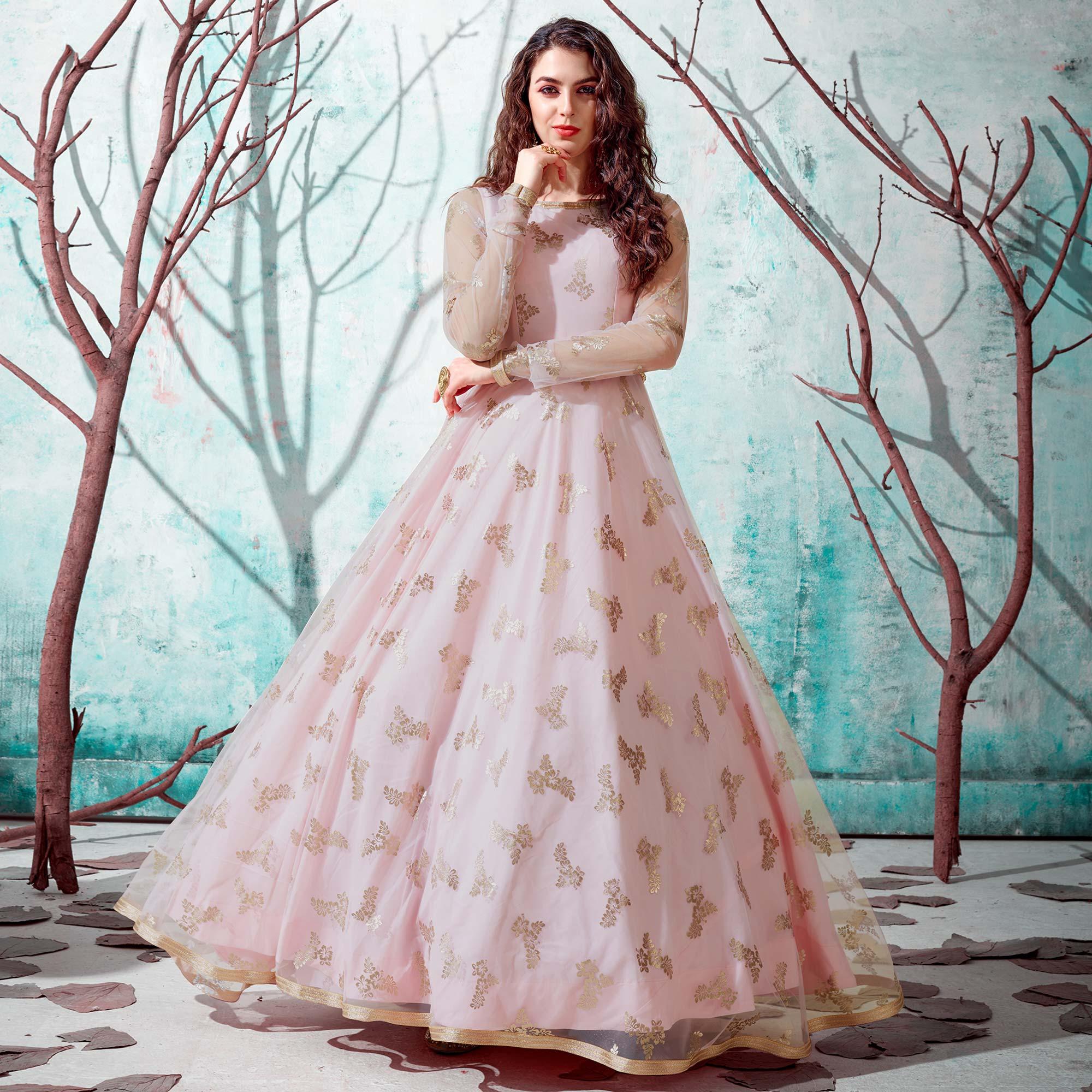 Pink Foil Printed Netted Gown - Peachmode