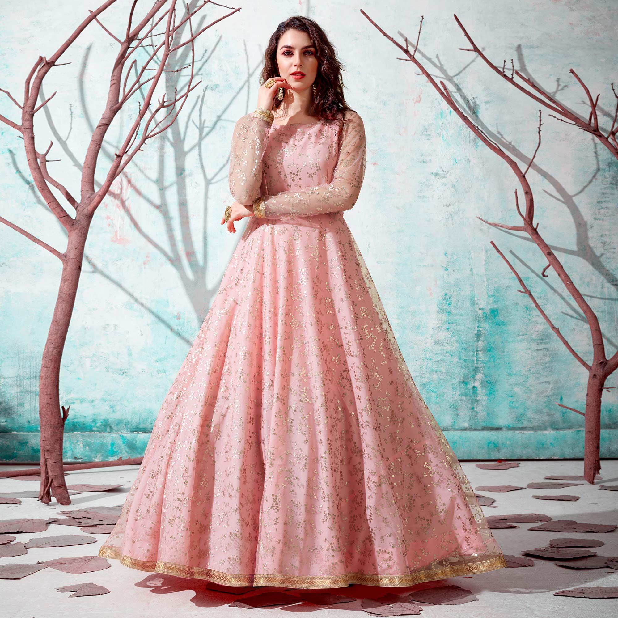 Pink Foil Printed Netted Gown - Peachmode
