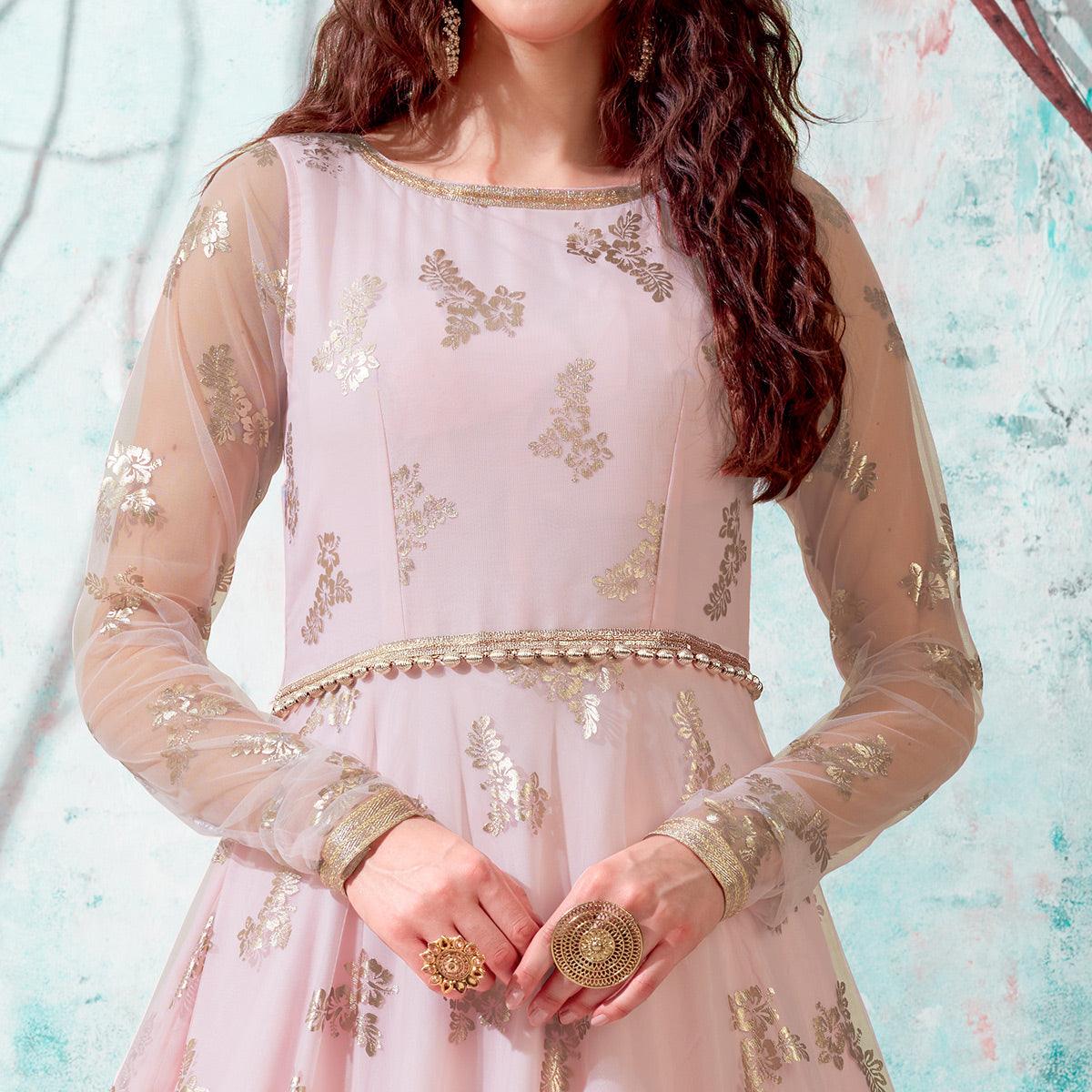 Pink Foil Printed Netted Gown - Peachmode