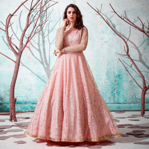 Pink Foil Printed Netted Gown - Peachmode