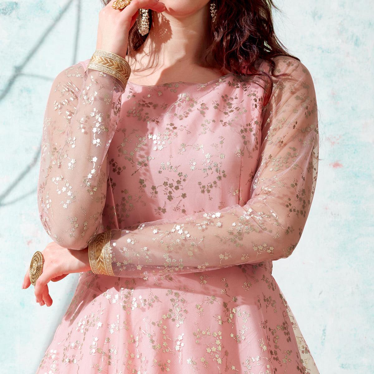 Pink Foil Printed Netted Gown - Peachmode