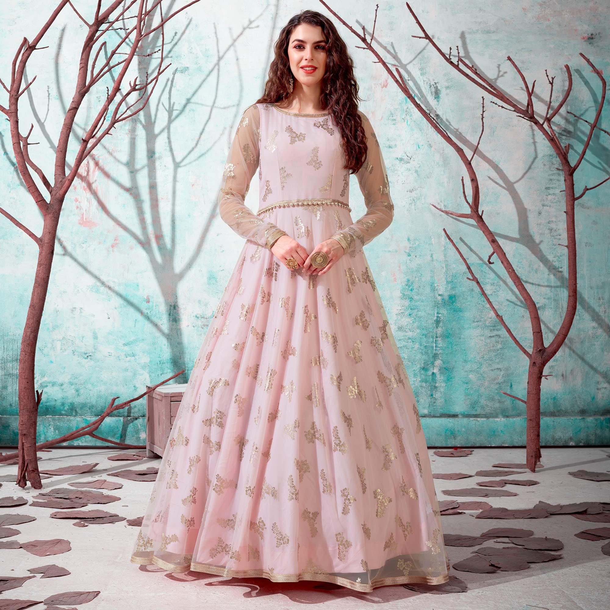 Pink Foil Printed Netted Gown - Peachmode