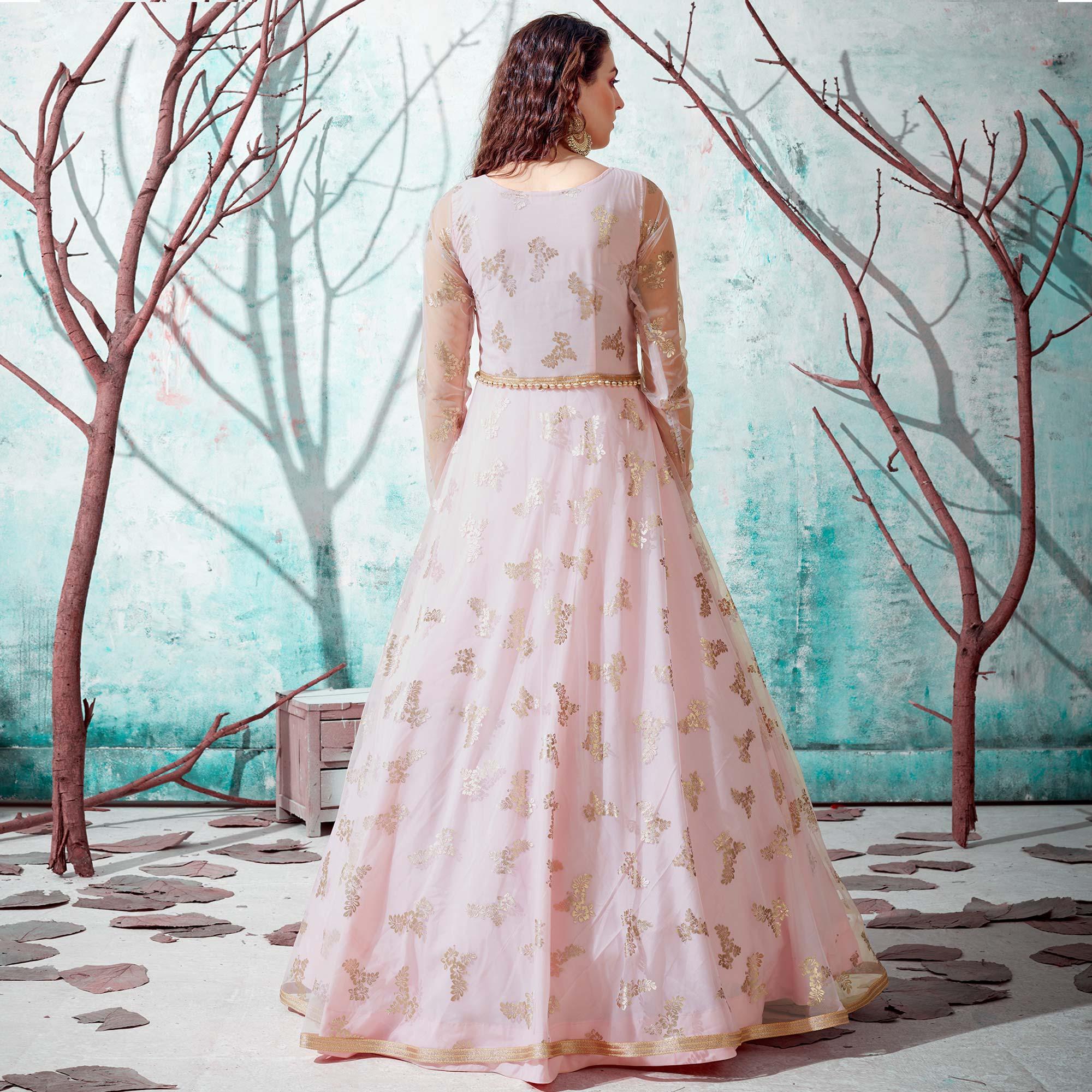 Pink Foil Printed Netted Gown - Peachmode