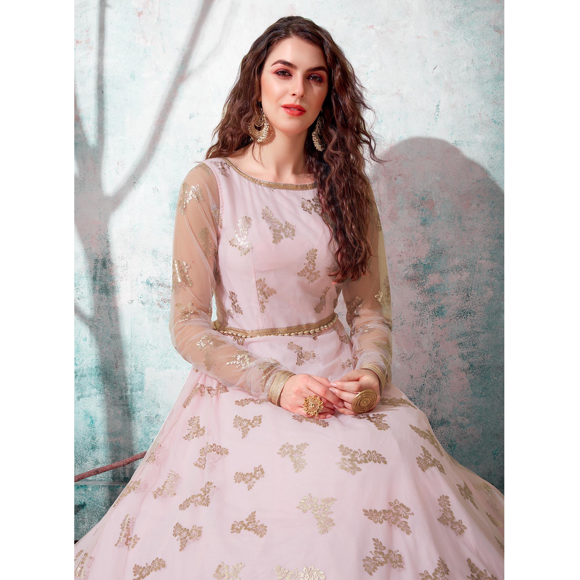 Pink Foil Printed Netted Gown - Peachmode