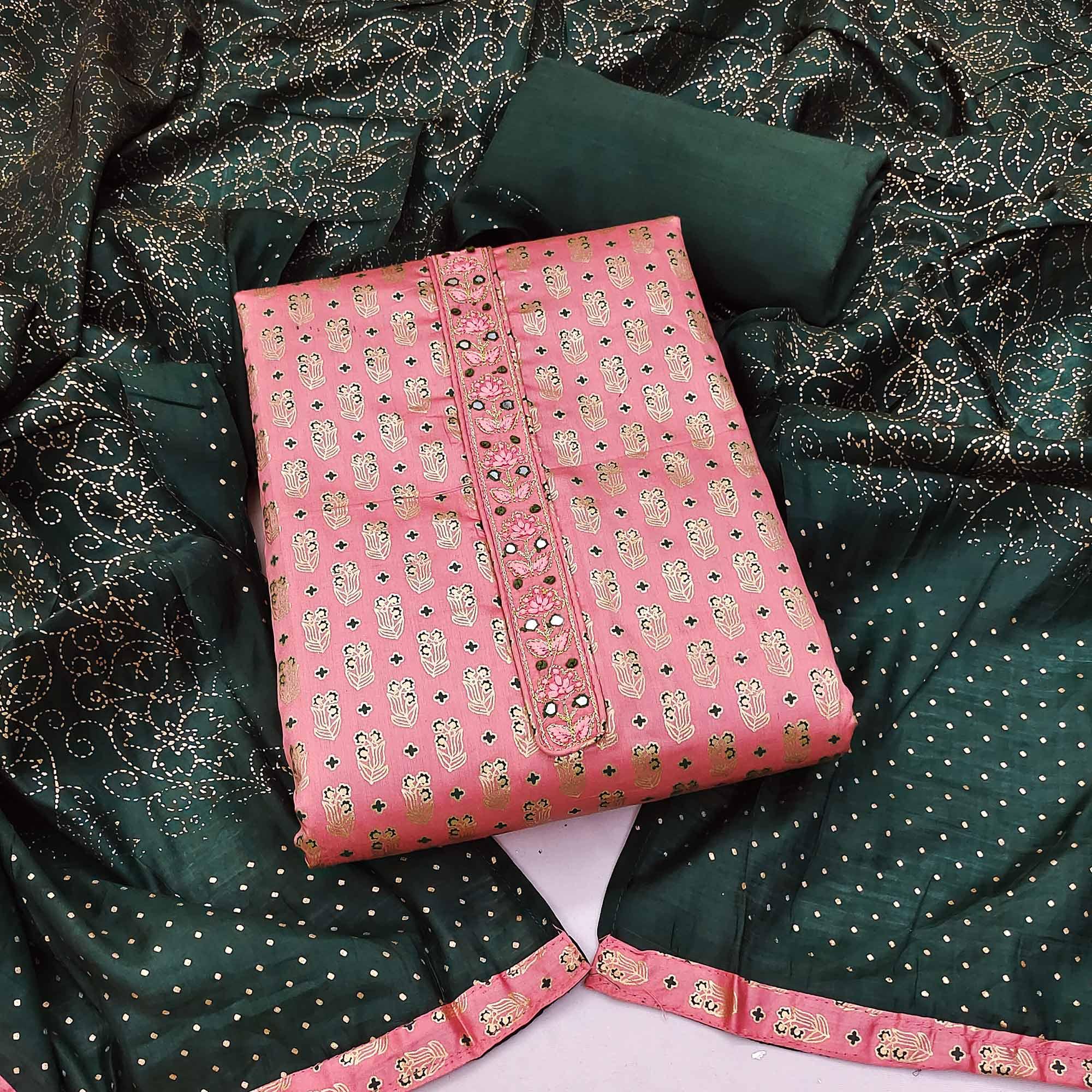 Pink Foil Printed Pure Cotton Dress Material - Peachmode