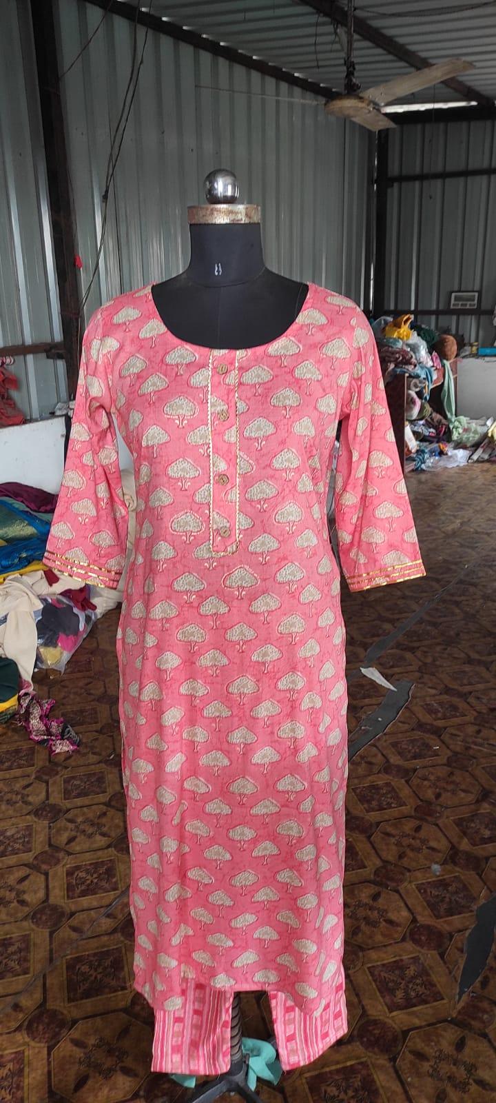 Pink Foil Printed Rayon Kurti Pant Set - Peachmode