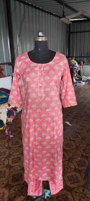 Pink Foil Printed Rayon Kurti Pant Set - Peachmode