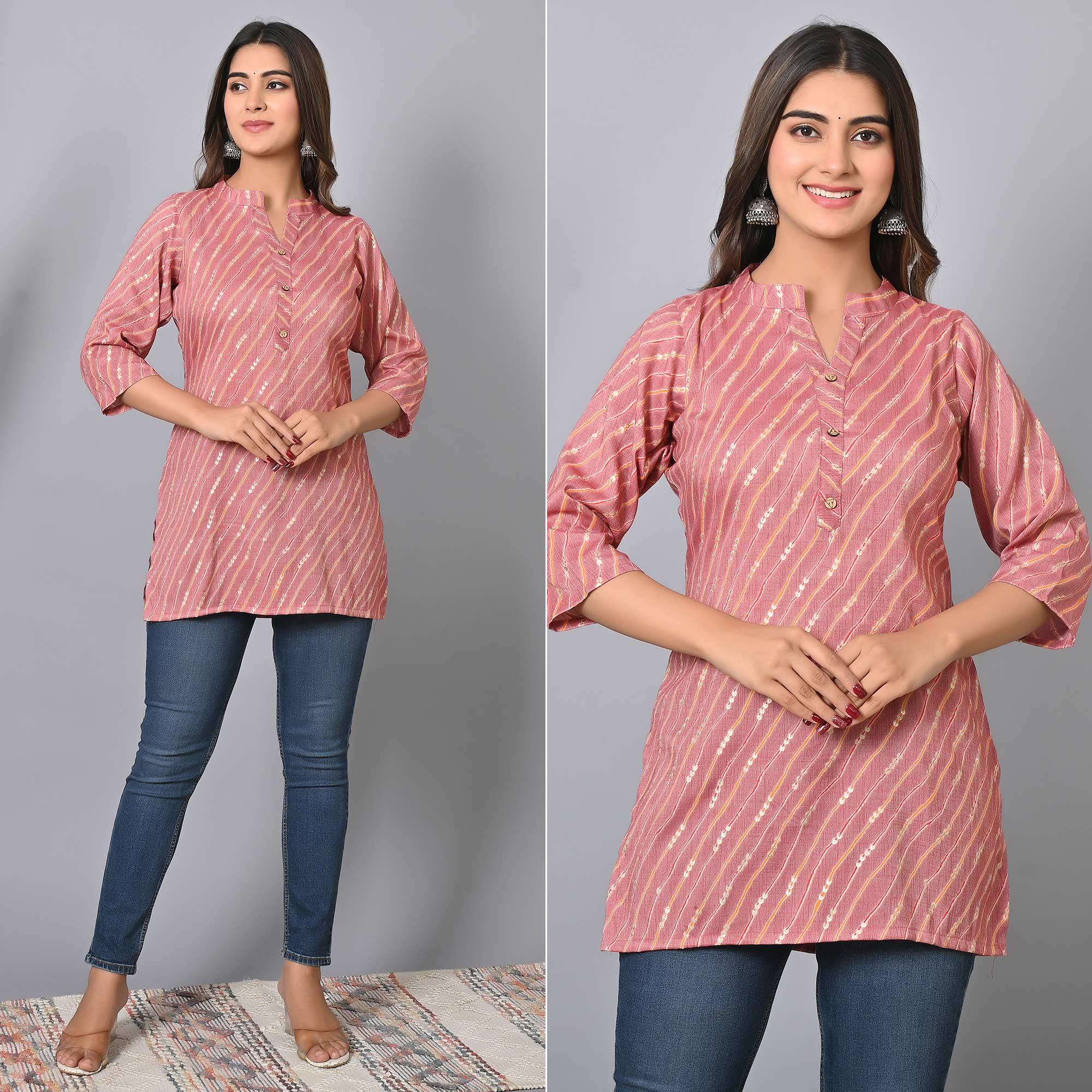 Pink Foil Printed Rayon Top - Peachmode