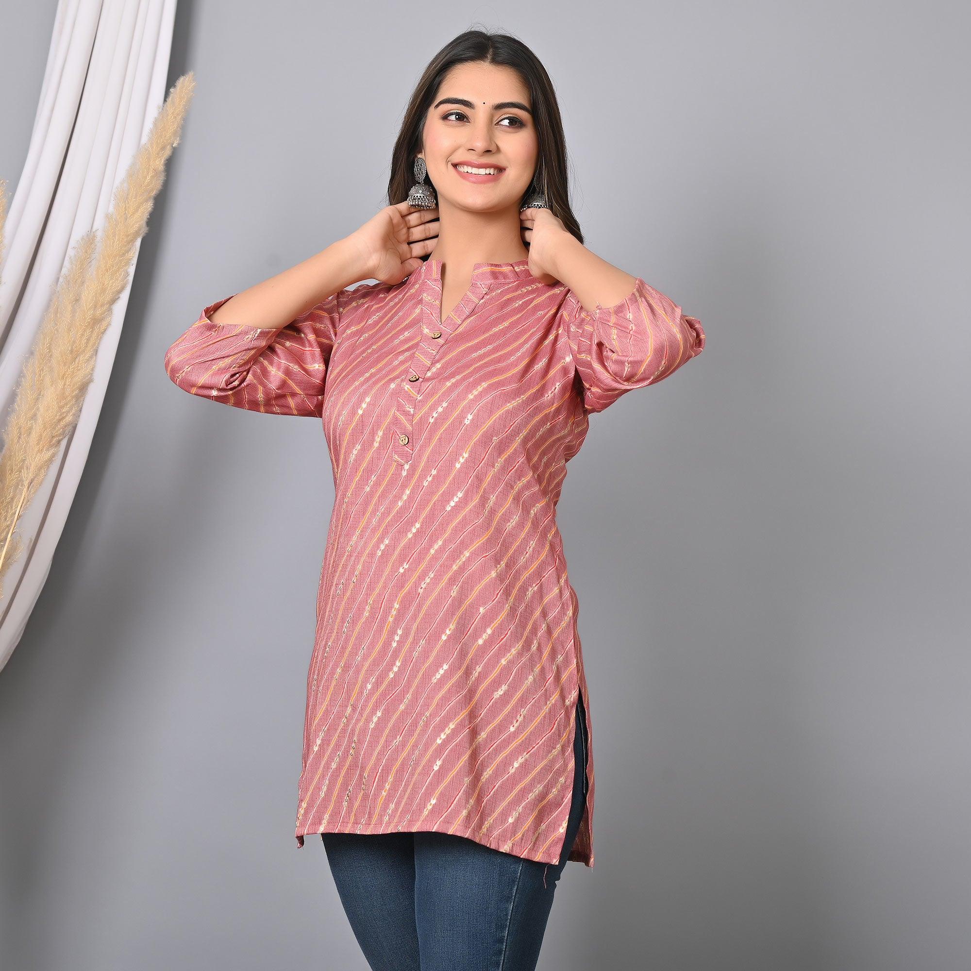 Pink Foil Printed Rayon Top - Peachmode