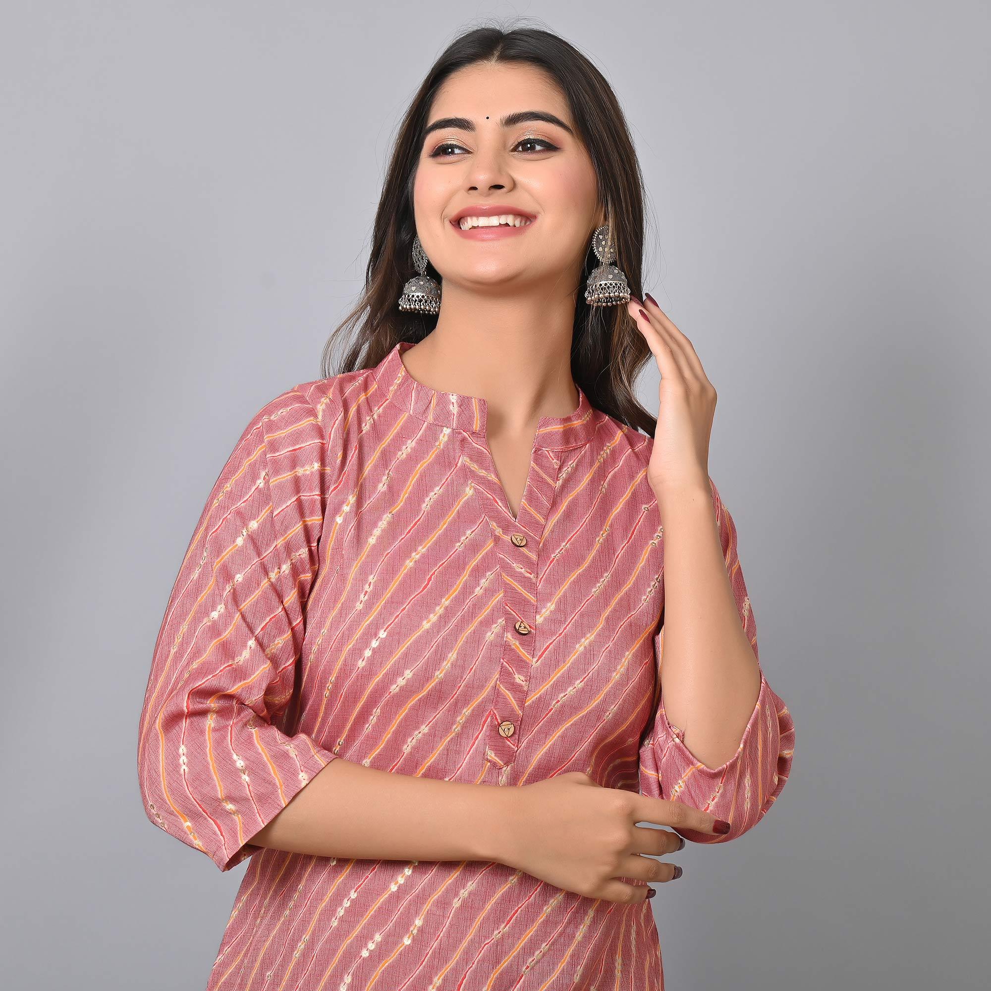Pink Foil Printed Rayon Top - Peachmode