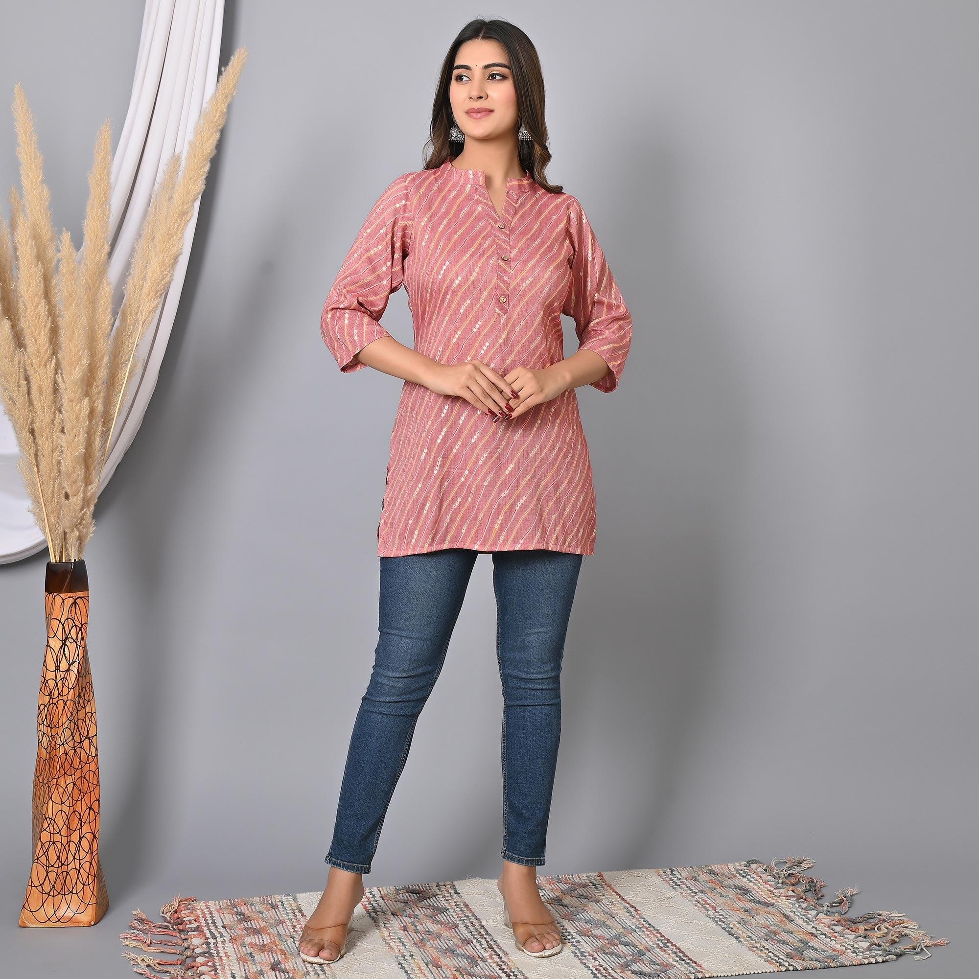 Pink Foil Printed Rayon Top - Peachmode