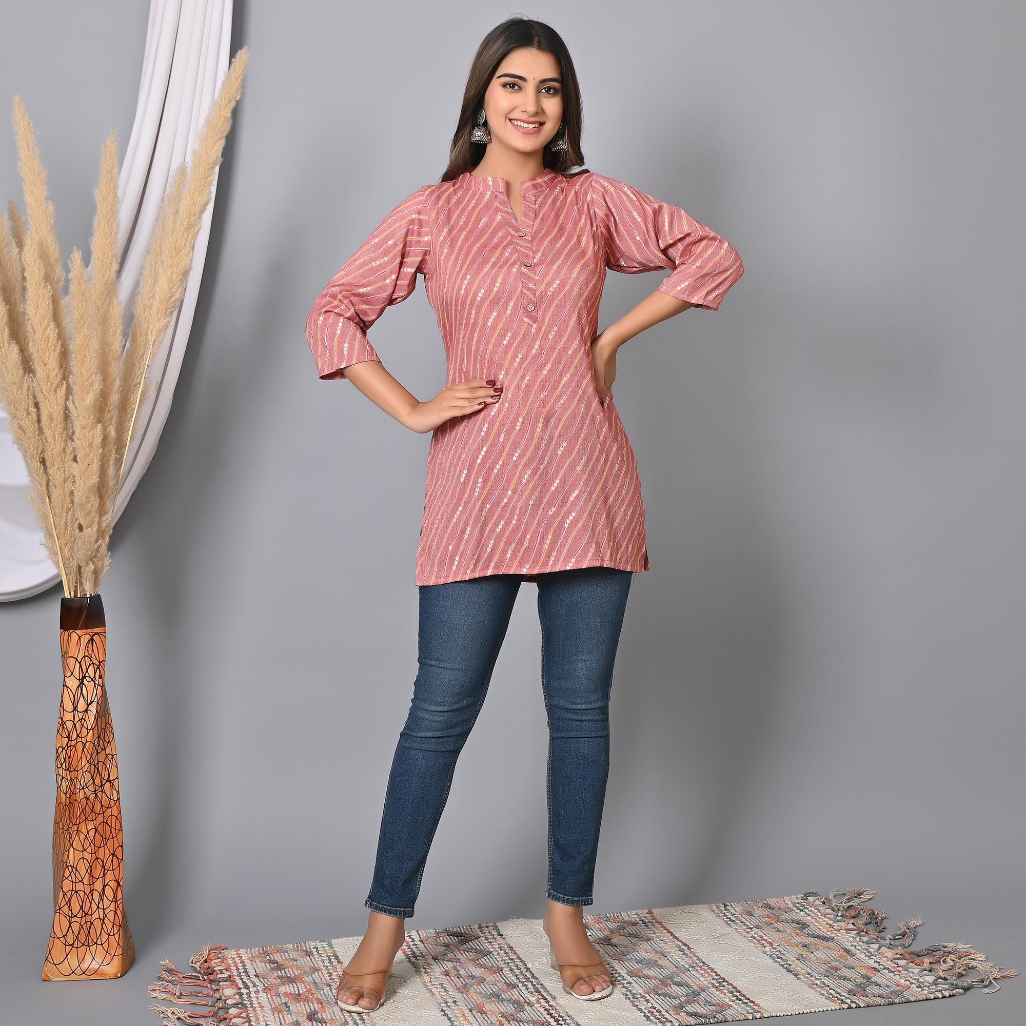 Pink Foil Printed Rayon Top - Peachmode