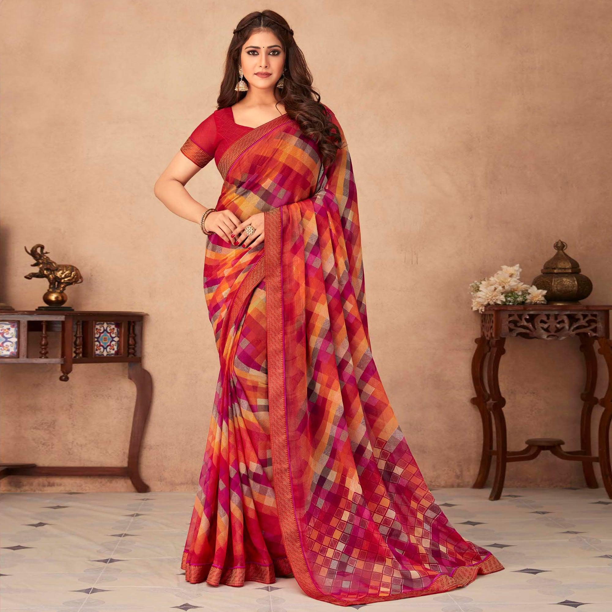Pink Geometric Printed Chiffon Saree - Peachmode