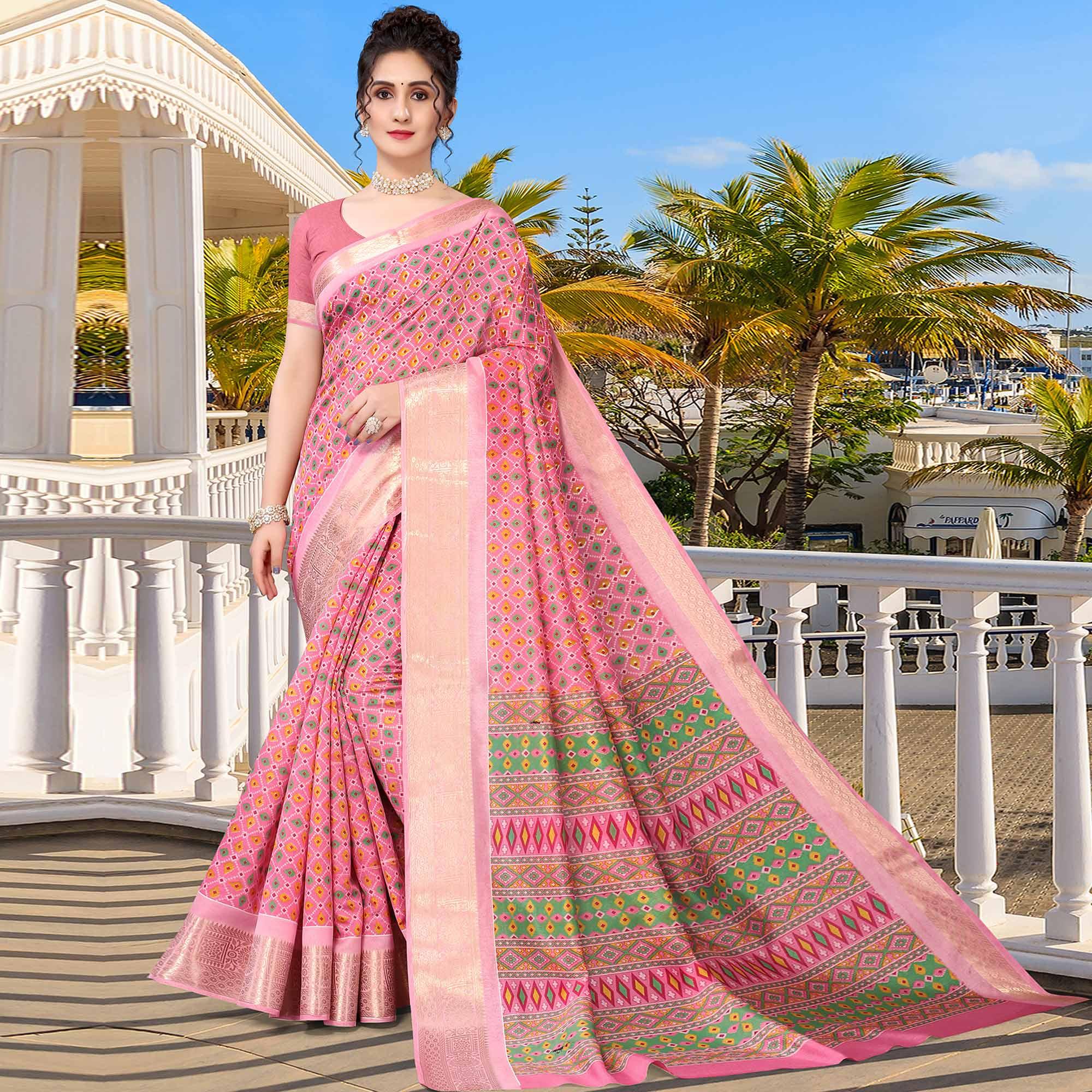 Pink Geometric Printed Dola Silk Saree - Peachmode