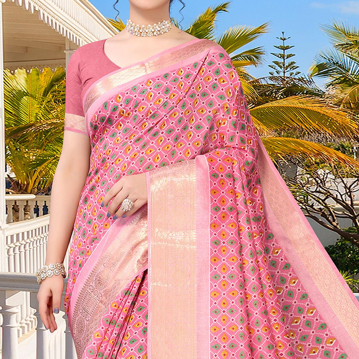 Pink Geometric Printed Dola Silk Saree - Peachmode