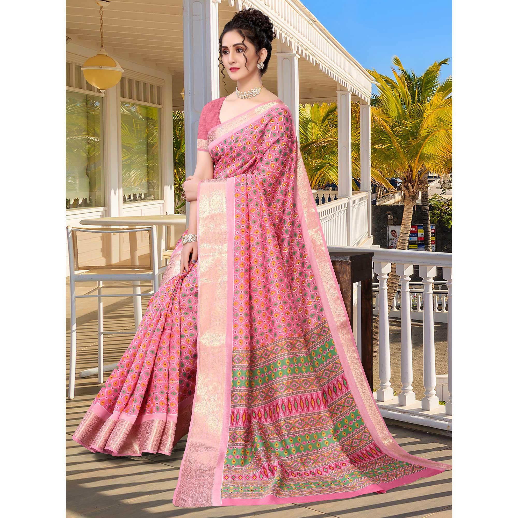Pink Geometric Printed Dola Silk Saree - Peachmode