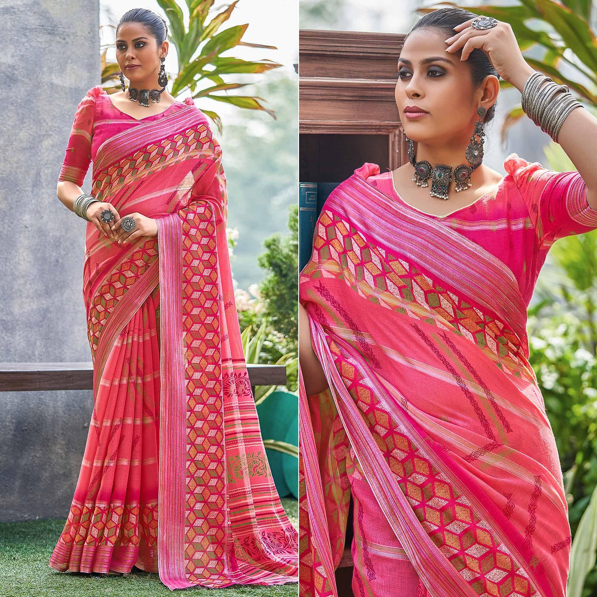 Pink Geometric Printed Linen Saree - Peachmode