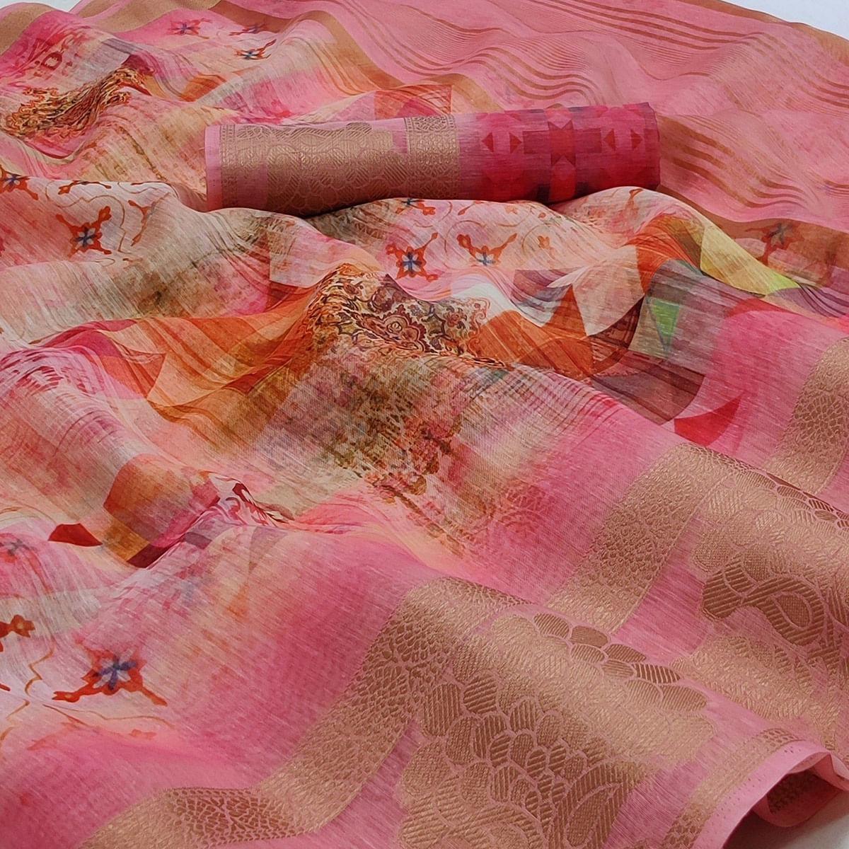 Pink Geometric Printed Linen Saree - Peachmode