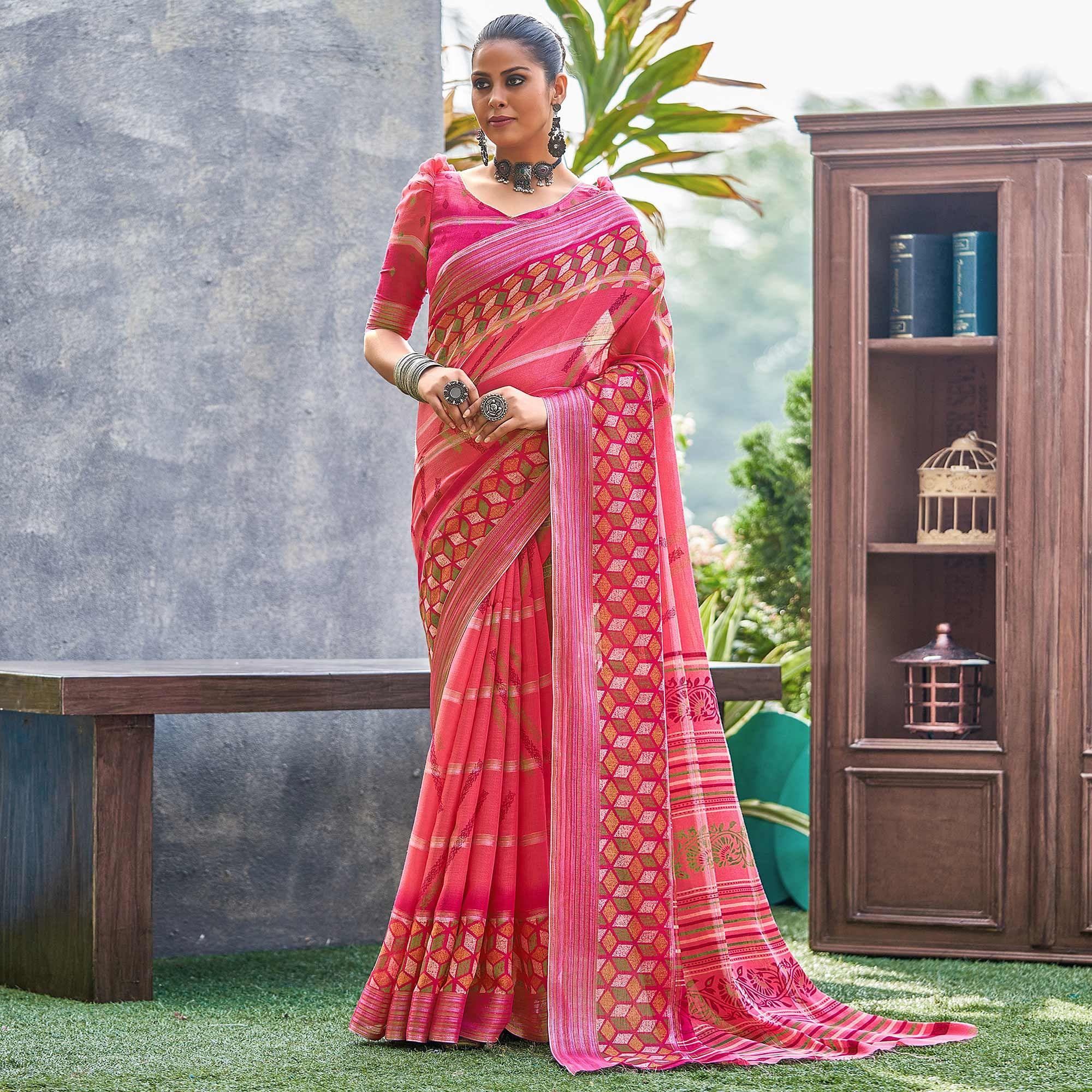 Pink Geometric Printed Linen Saree - Peachmode