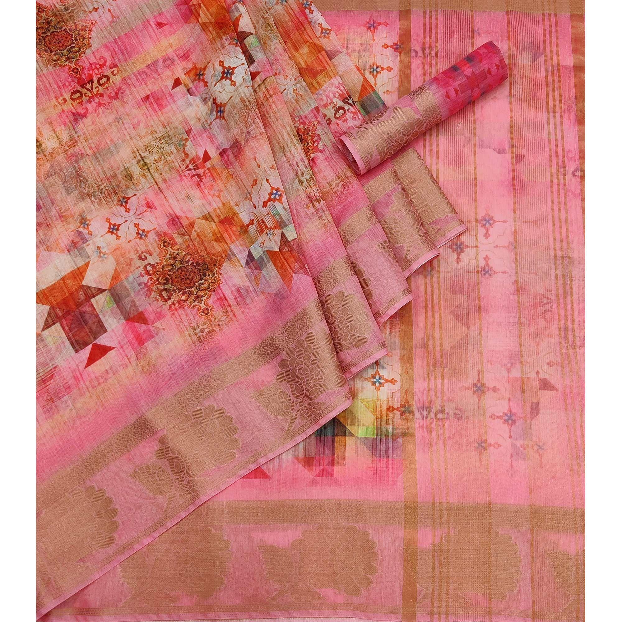 Pink Geometric Printed Linen Saree - Peachmode