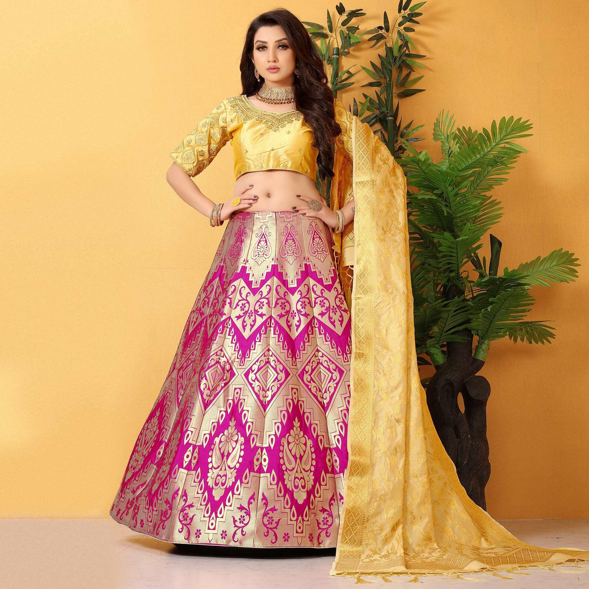 Pink-Gold Meenakari Woven Banarasi Silk Lehenga Choli - Peachmode