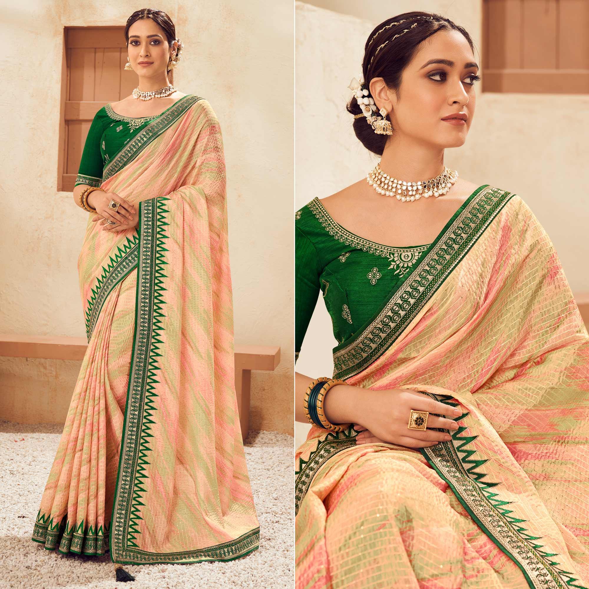 Pink-Green Printed With Embellished Chiffon Saree With Tassels - Peachmode