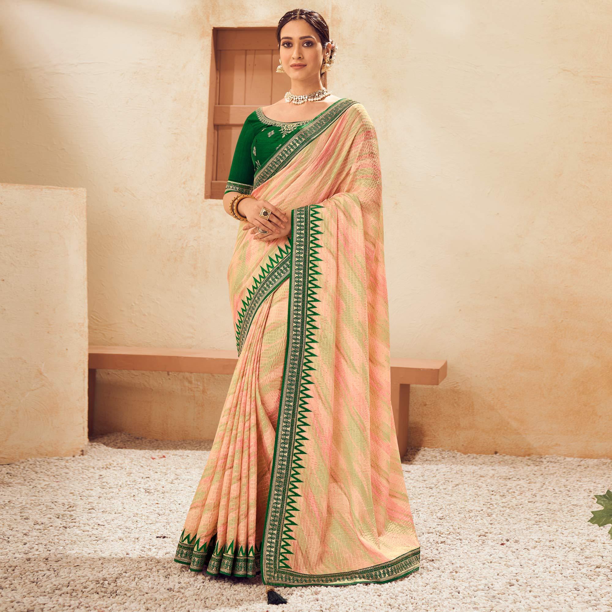 Pink-Green Printed With Embellished Chiffon Saree With Tassels - Peachmode