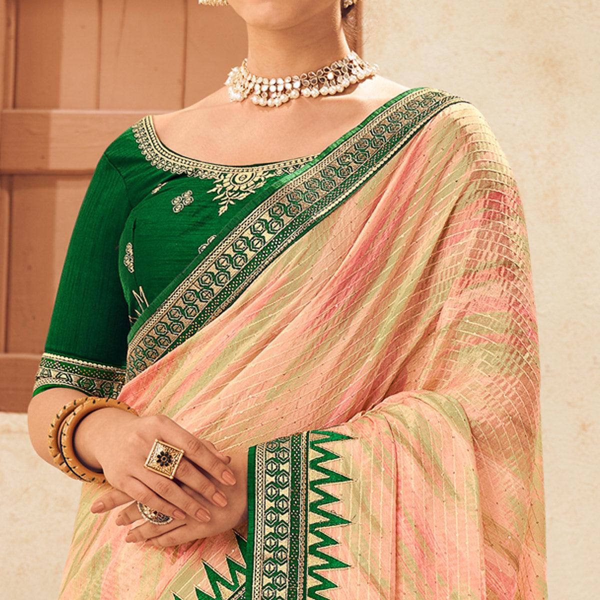 Pink-Green Printed With Embellished Chiffon Saree With Tassels - Peachmode