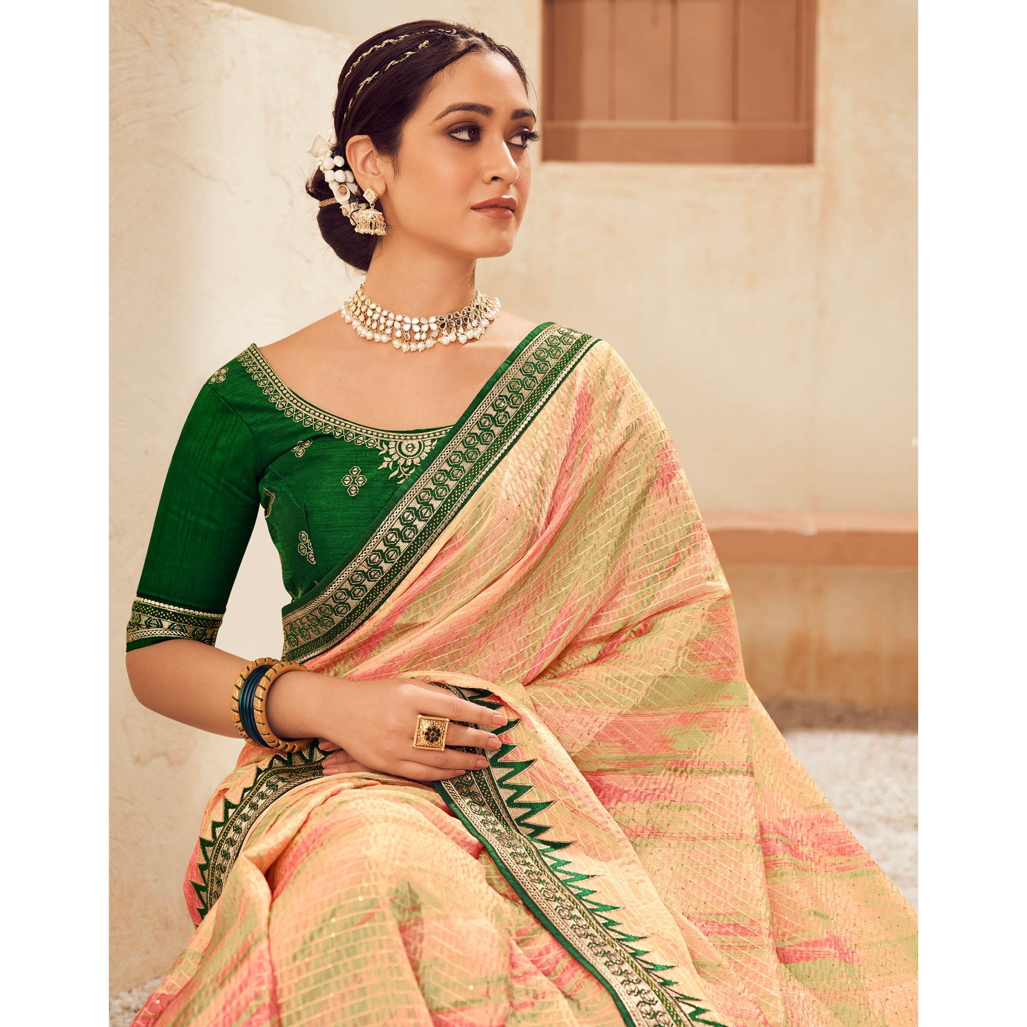 Pink-Green Printed With Embellished Chiffon Saree With Tassels - Peachmode